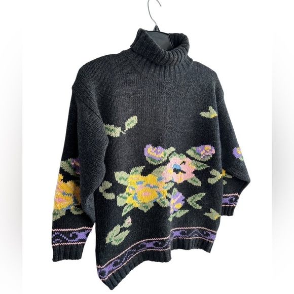 VTG Interim Turtleneck Sweater Abstract Floral Artsy 90s Women Large Cottagecore - Picture 2 of 12
